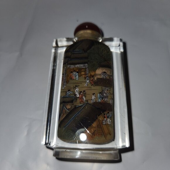 Hand-Painted Asian Scene Glass Snuff Bottle With Red Cap - Picture 8 of 8